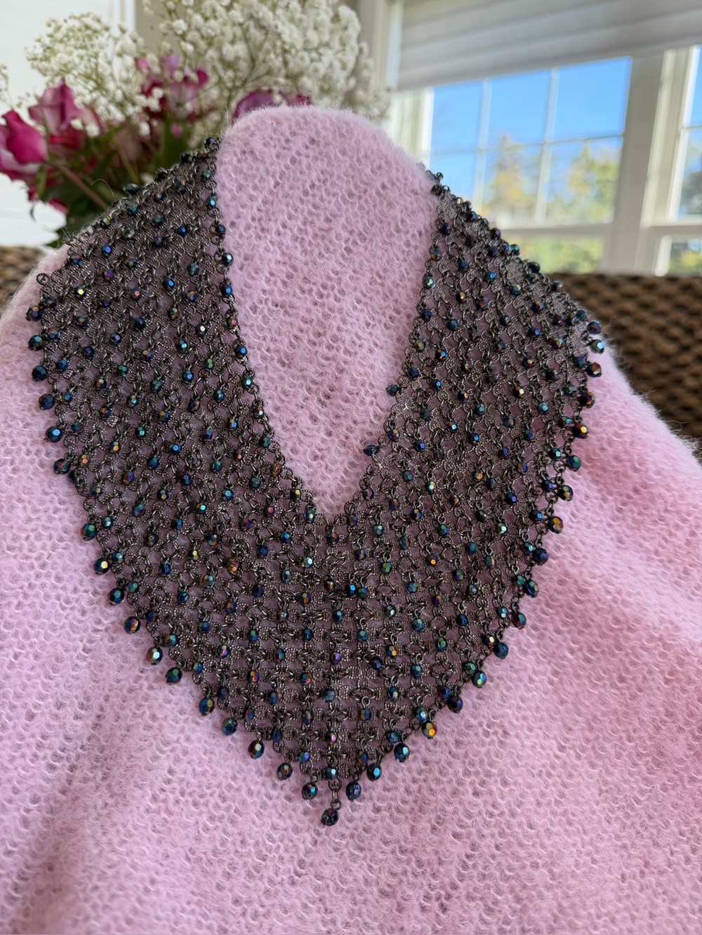 Handmade Black Beaded Necklace Collar - Elegant V-Shaped Statement